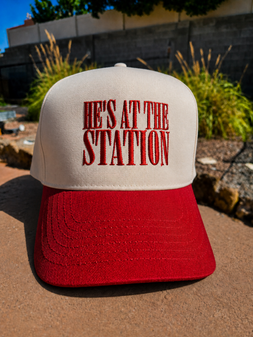"HE'S AT THE STATION" Embroidered 5-Panel Twill Cap